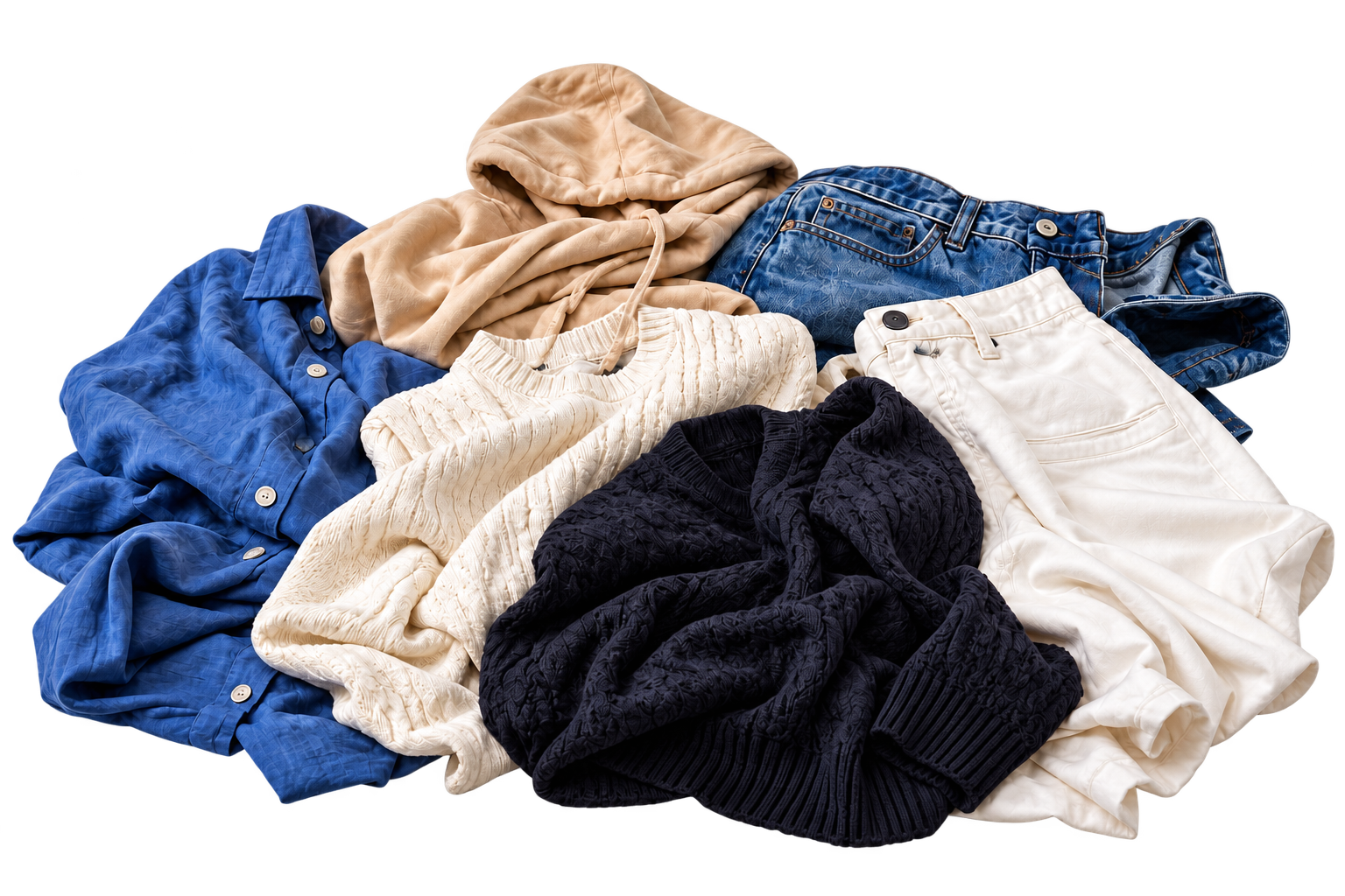 The same mixed laundry pile before sorting