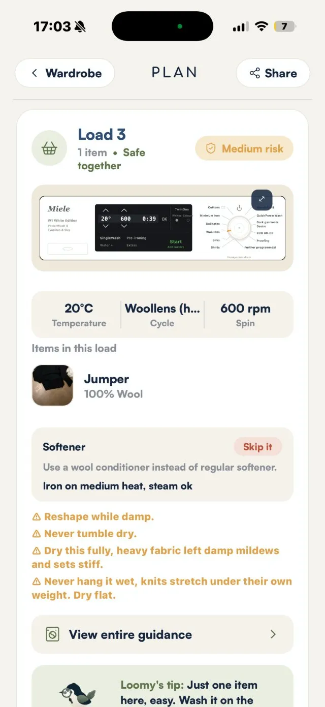 Lavo wash plan showing a separate wool-care load